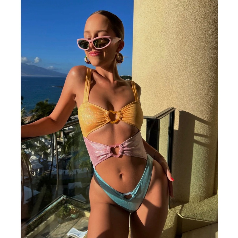 Strawberry Milk Mob Metallic Colorblock Heart Cutout One Piece Swimsuit Small - Picture 2 of 7